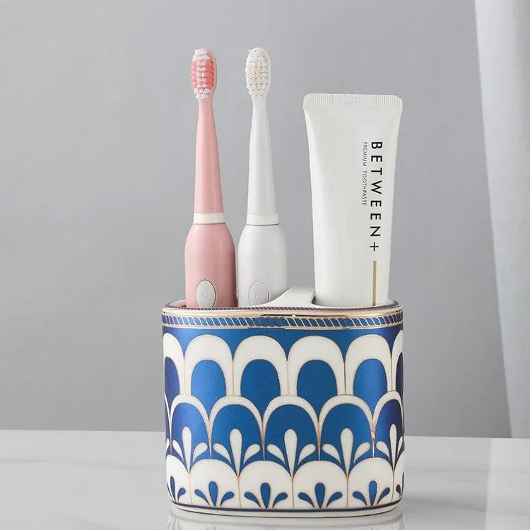 Ceramic toothbrush rack in household light luxury style with three colour options on a bathroom counter