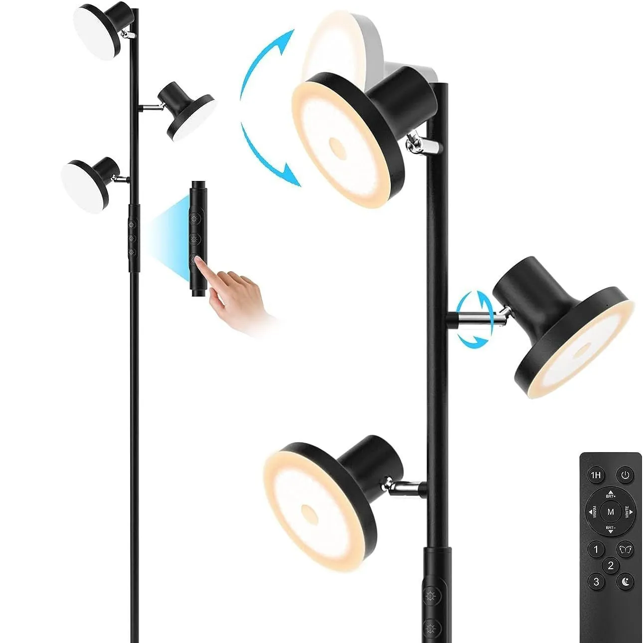 Adjustable metal floor lamp with remote control, 170cm tall, black finish, in a living room setting