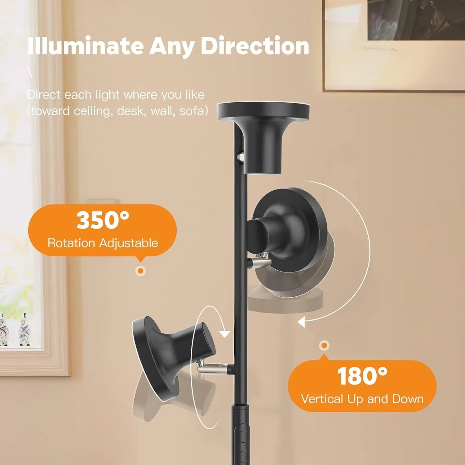 Adjustable metal floor lamp with remote control, 170cm tall, black finish, in a living room setting