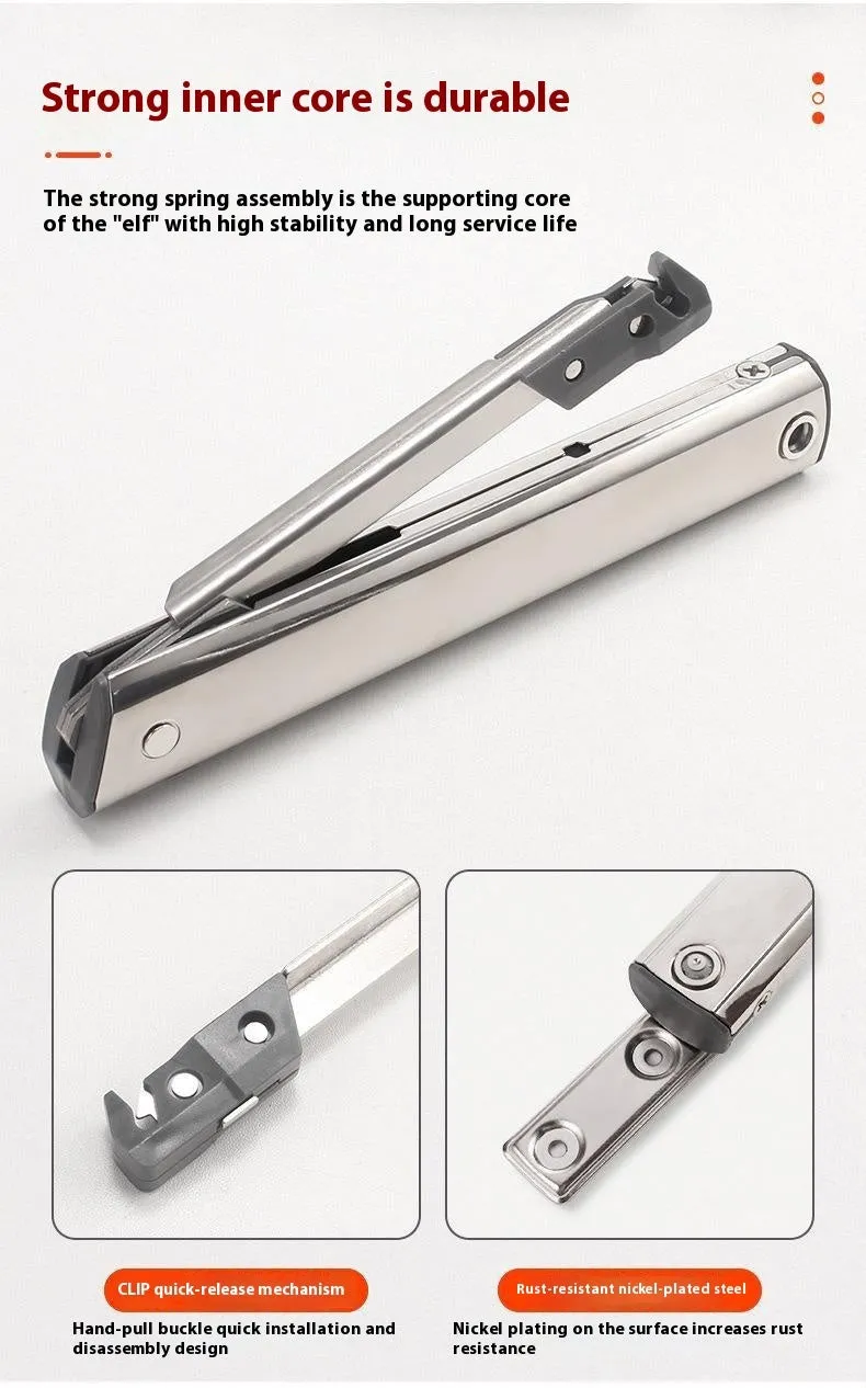 Cold rolled steel cabinet support rod with spring jackstay in stainless steel natural colour.