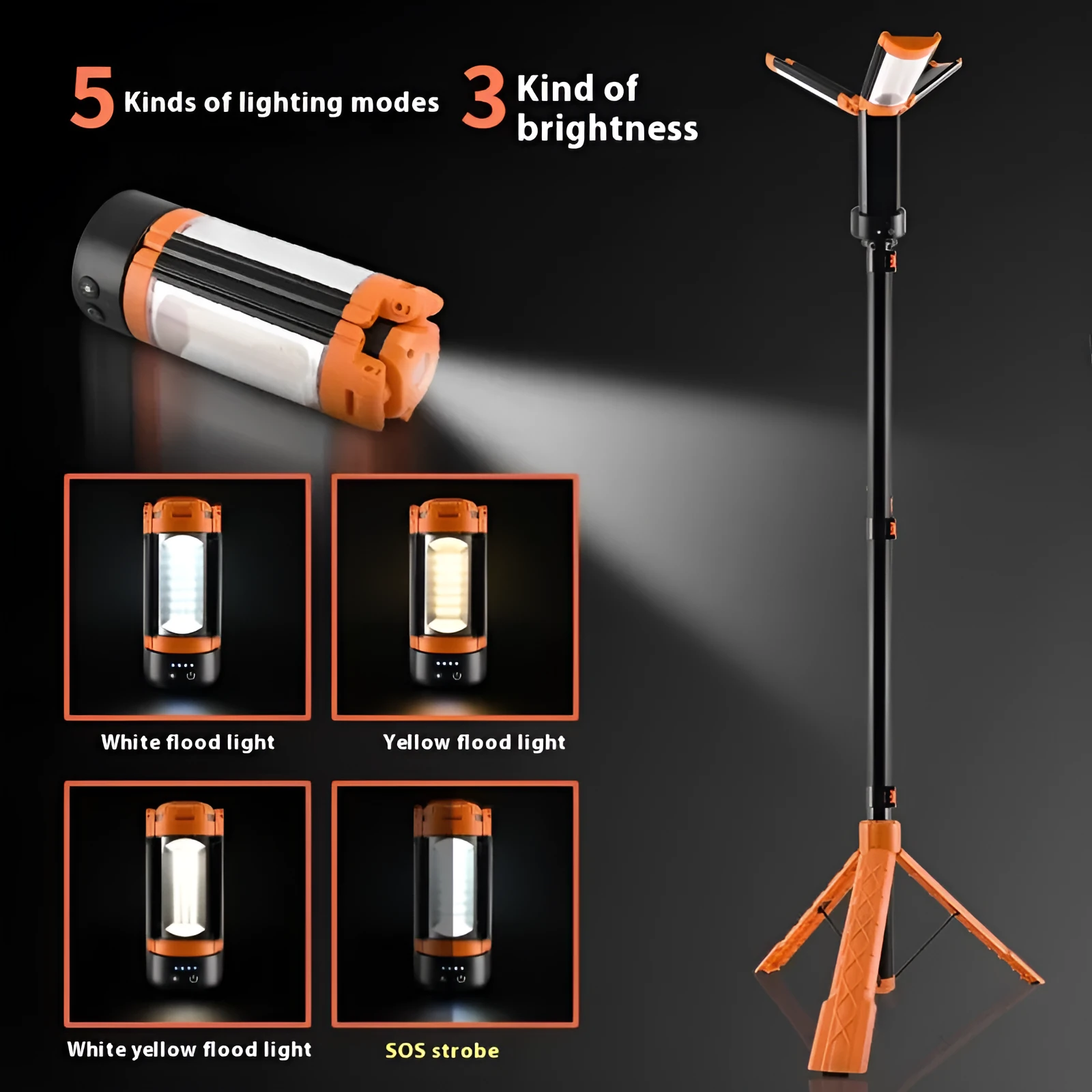 Retractable folding charging camping lantern with bracket in black and orange colour for outdoor lighting