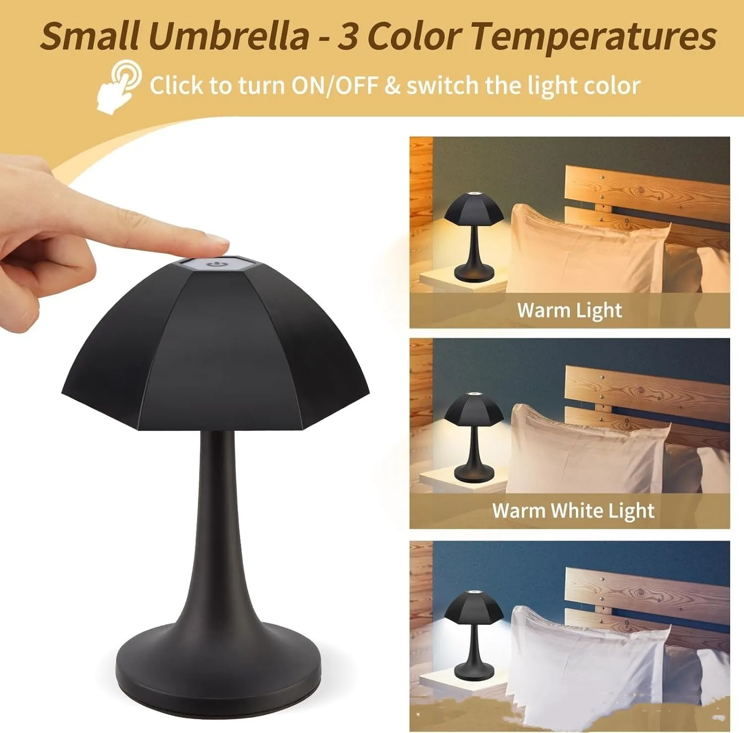 Small umbrella ambience light dimmable charging decorative table lamp in orange with three-colour stepless dimming