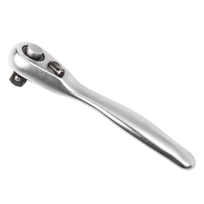 Silver galvanised steel mini ratchet wrench socket wrench on neutral background
