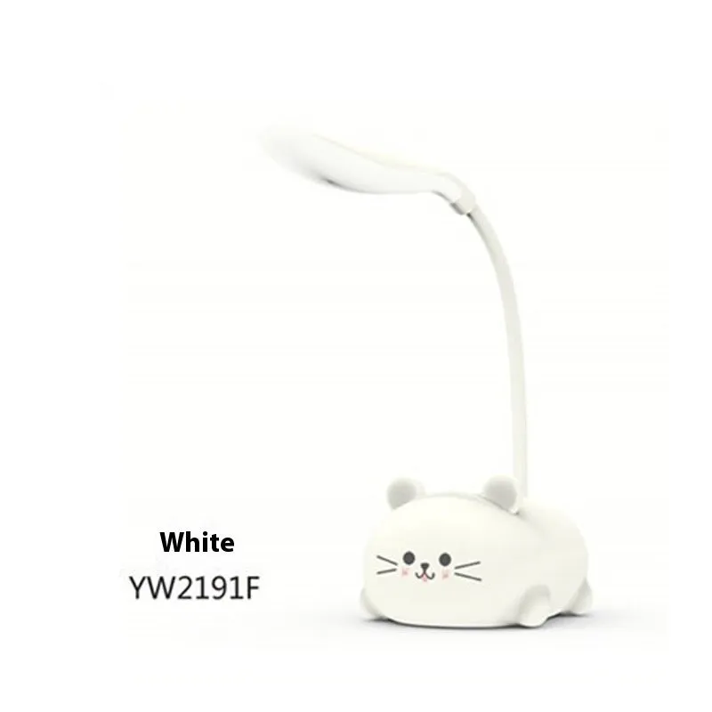 Cartoon kitten learning table lamp with USB power, plastic shade, available in blue, green, pink, white