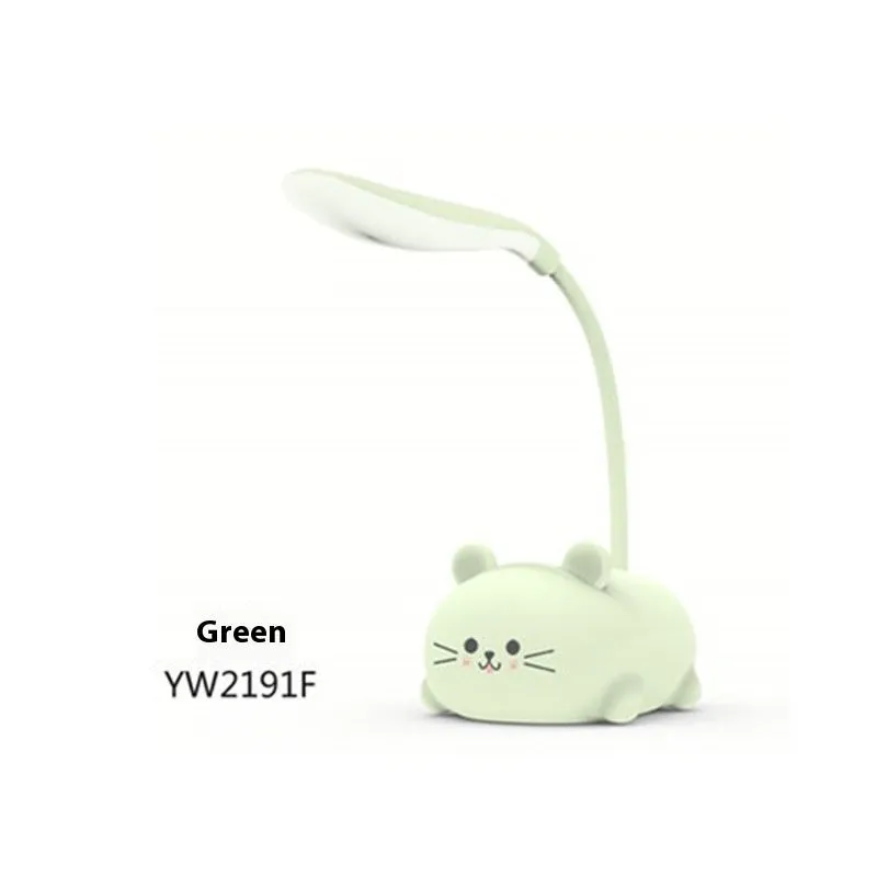 Cartoon kitten learning table lamp with USB power, plastic shade, available in blue, green, pink, white