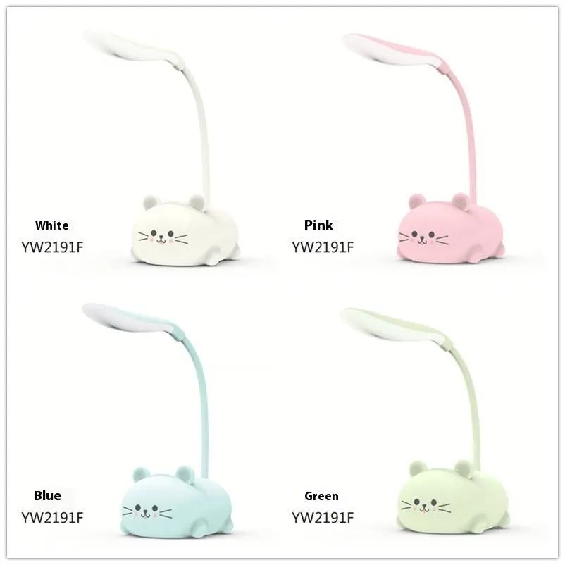 Cartoon kitten learning table lamp with USB power, plastic shade, available in blue, green, pink, white
