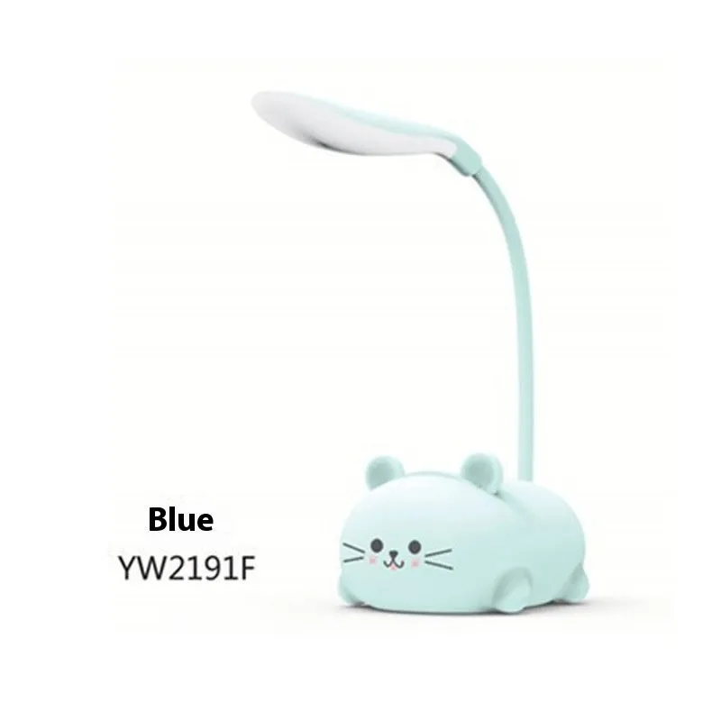 Cartoon kitten learning table lamp with USB power, plastic shade, available in blue, green, pink, white