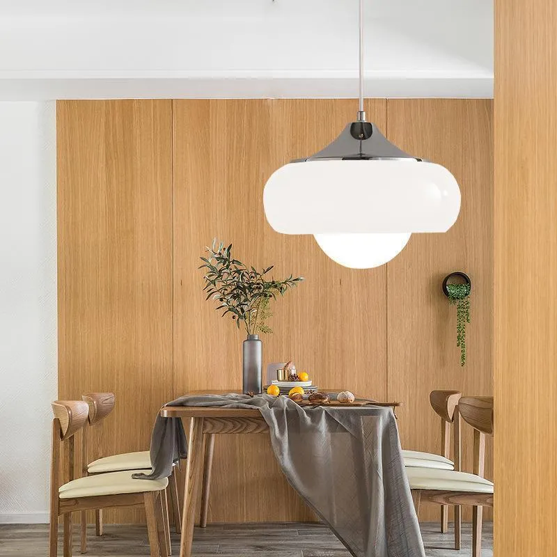 Bauhaus pendant light with three egg tart glass shades in milk white finish