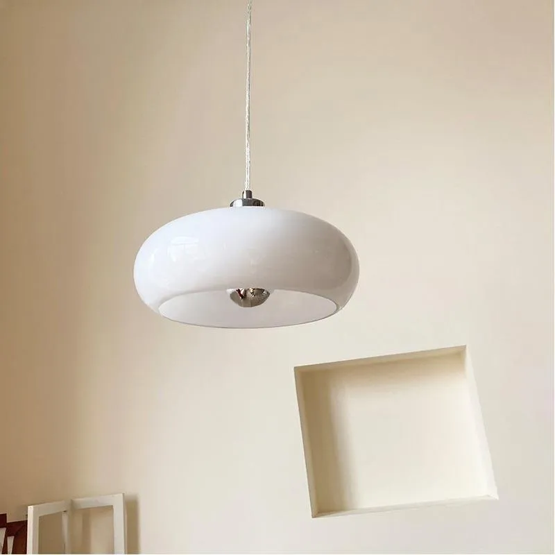 Bauhaus pendant light with three egg tart glass shades in milk white finish