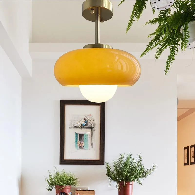 Bauhaus pendant light with three egg tart glass shades in milk white finish