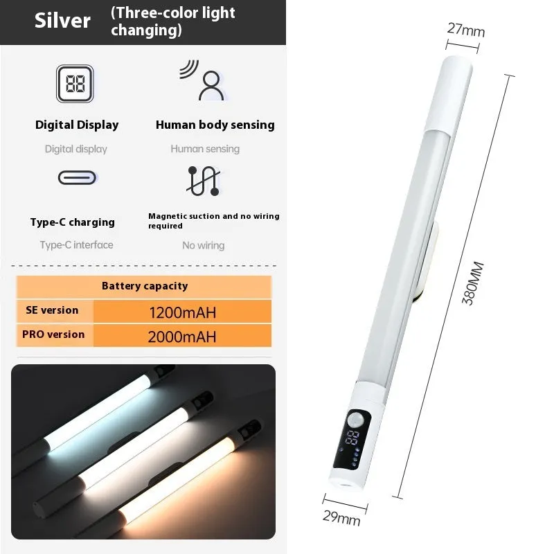 Magnetic charging infrared sensor strip lamp in silver with three-colour light and rechargeable battery