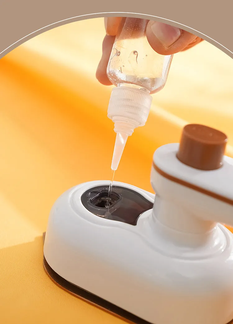 Mini garment steamer in white with plastic body, 38W power, and single gear control