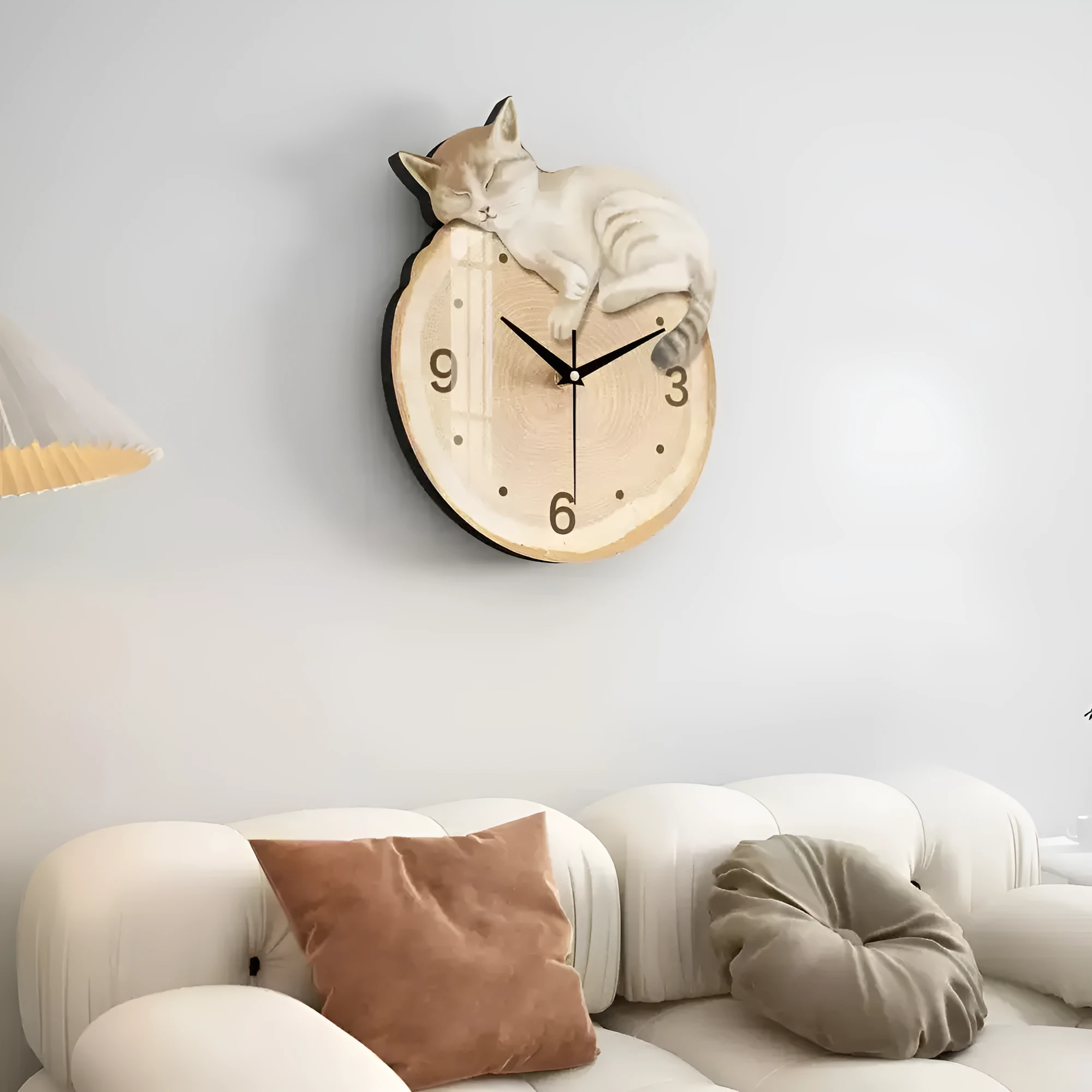 Cream style noiseless wall clock with cat design frameless poplar frame 48x38.4cm