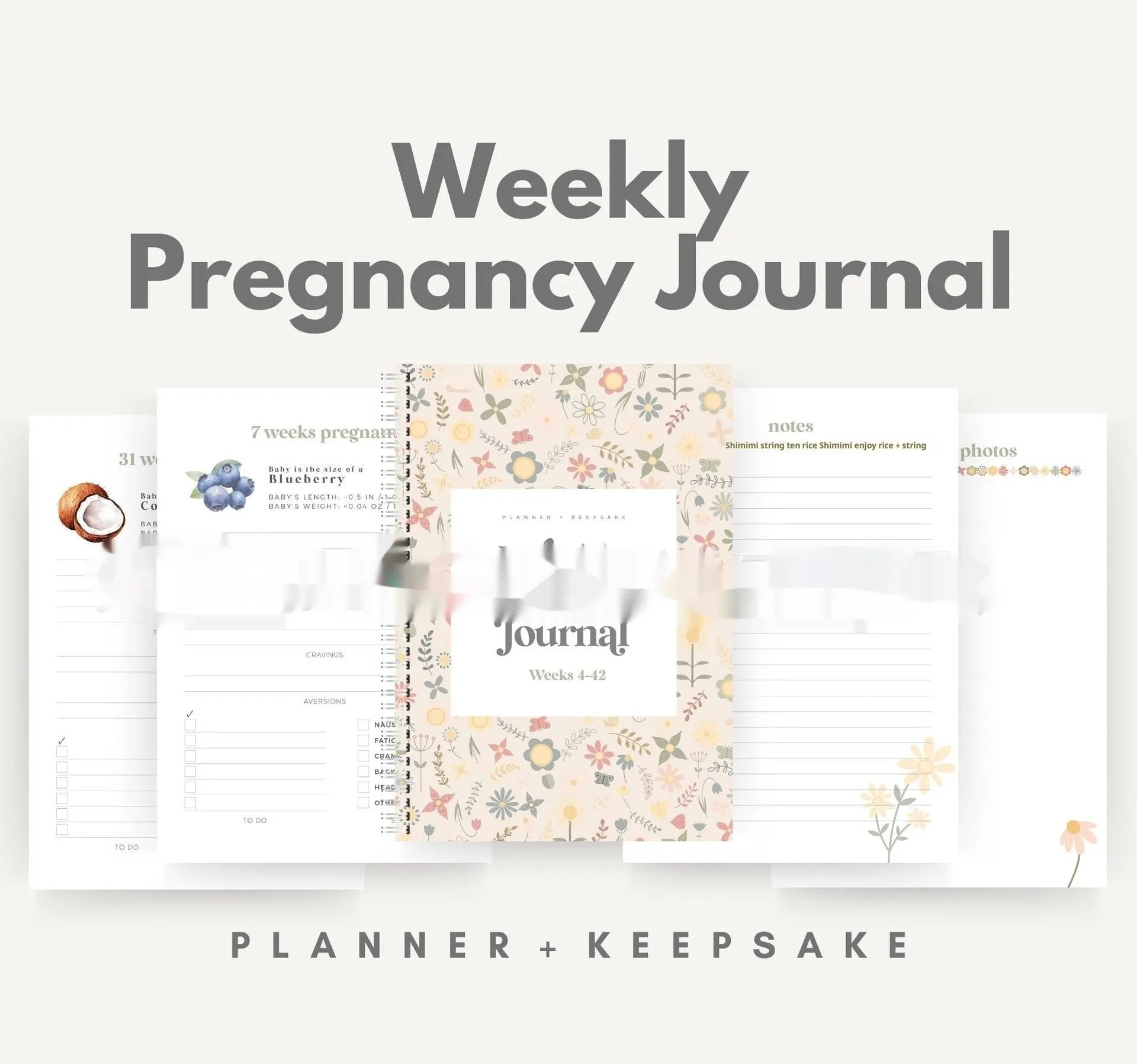 A5 pregnancy weekly diary notebook open showing weekly pregnancy journal pages