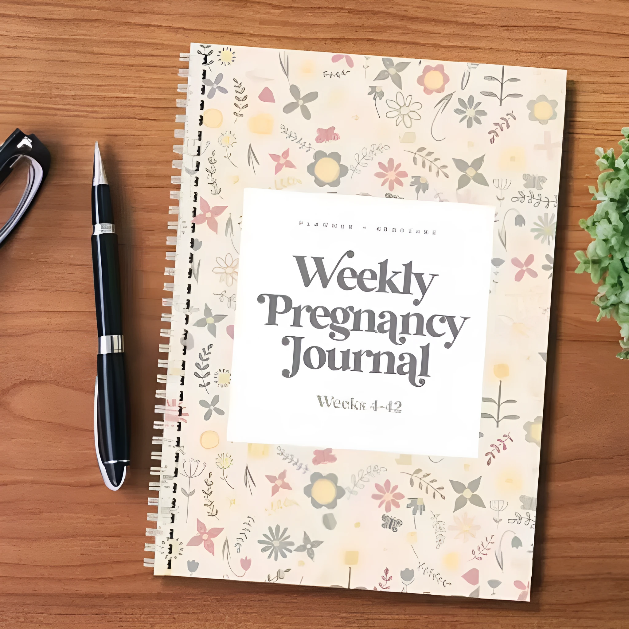 A5 pregnancy weekly diary notebook open showing weekly pregnancy journal pages