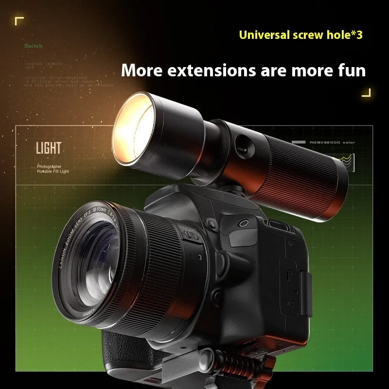 10W handheld LED photography fill light with built-in battery, folding projection cover, and 20 design pieces on a table