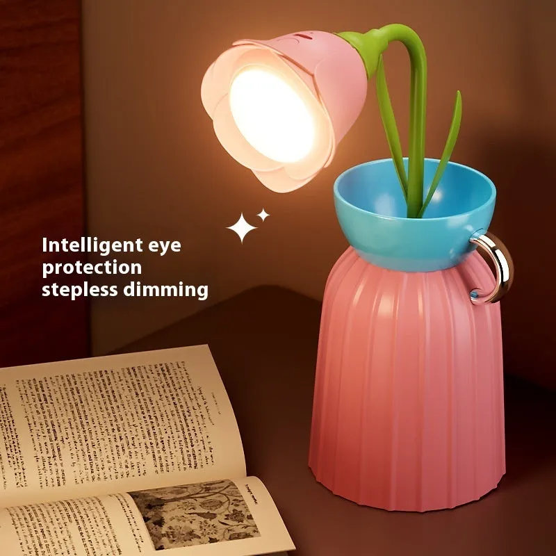 Pink rose flower USB LED lamp with vase, 30cm tall, emitting warm white light