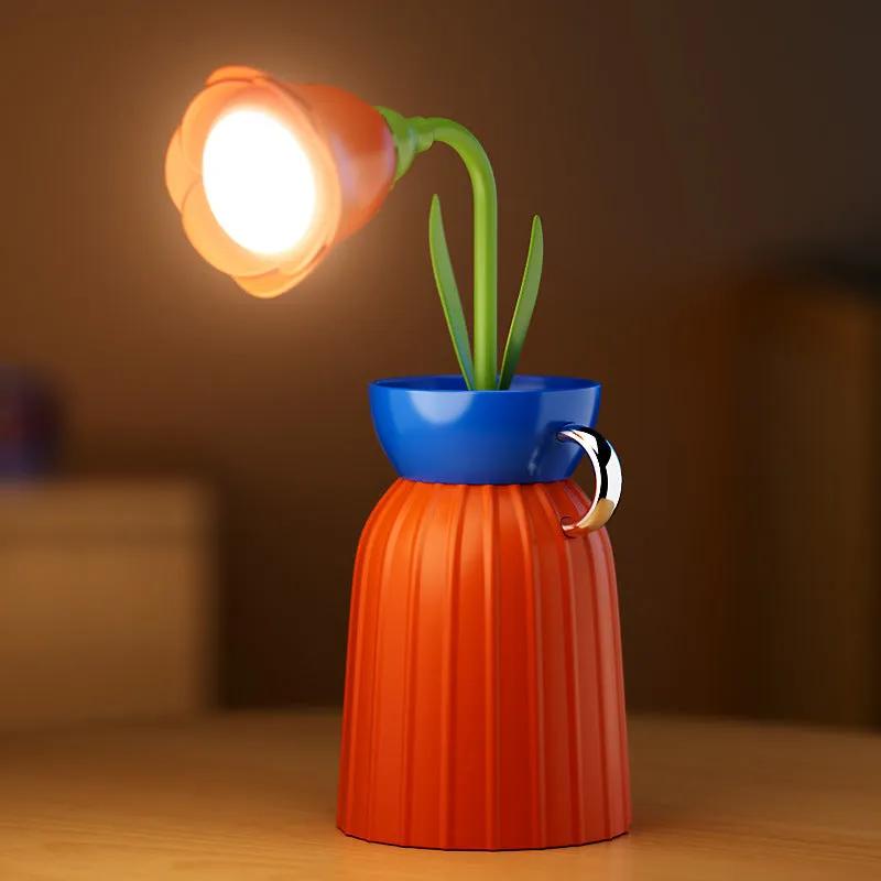 Pink rose flower USB LED lamp with vase, 30cm tall, emitting warm white light