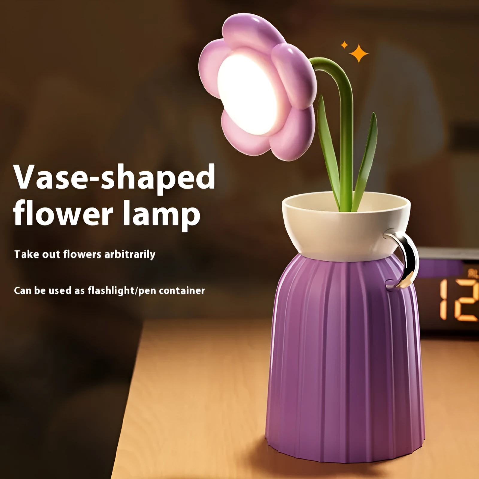 Pink rose flower USB LED lamp with vase, 30cm tall, emitting warm white light