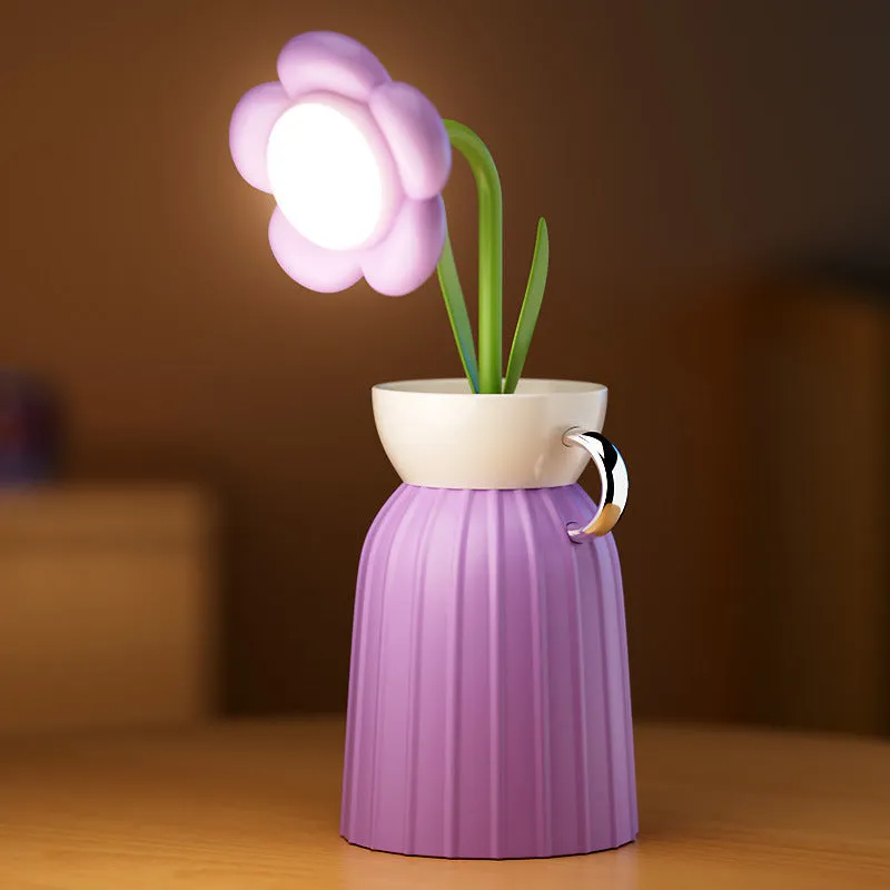 Pink rose flower USB LED lamp with vase, 30cm tall, emitting warm white light