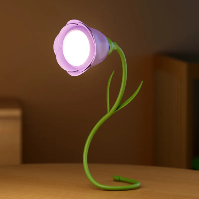 Pink rose flower USB LED lamp with vase, 30cm tall, emitting warm white light