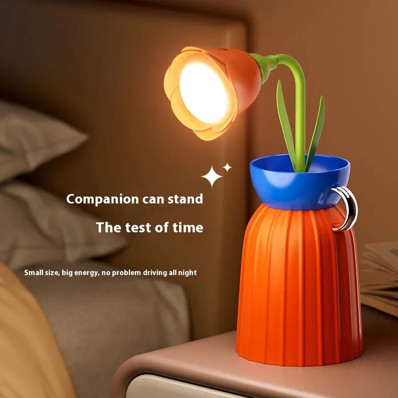 Pink rose flower USB LED lamp with vase, 30cm tall, emitting warm white light