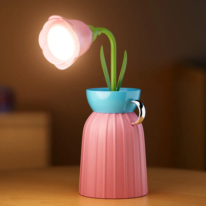 Pink rose flower USB LED lamp with vase, 30cm tall, emitting warm white light