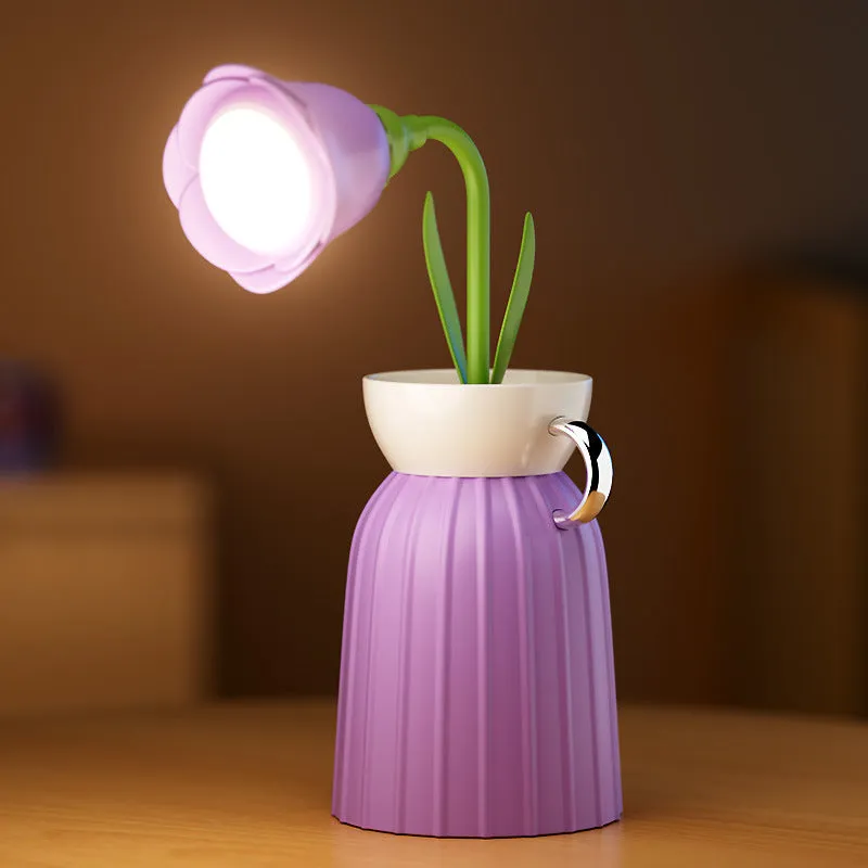 Pink rose flower USB LED lamp with vase, 30cm tall, emitting warm white light