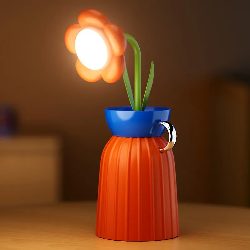 Pink rose flower USB LED lamp with vase, 30cm tall, emitting warm white light