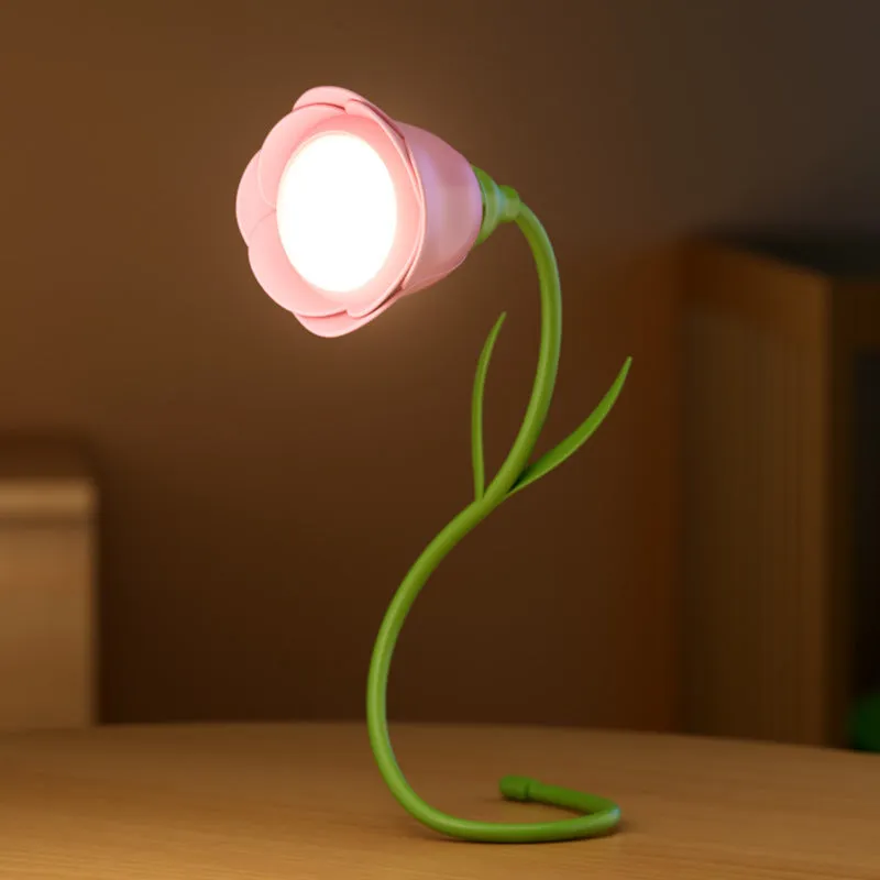 Pink rose flower USB LED lamp with vase, 30cm tall, emitting warm white light