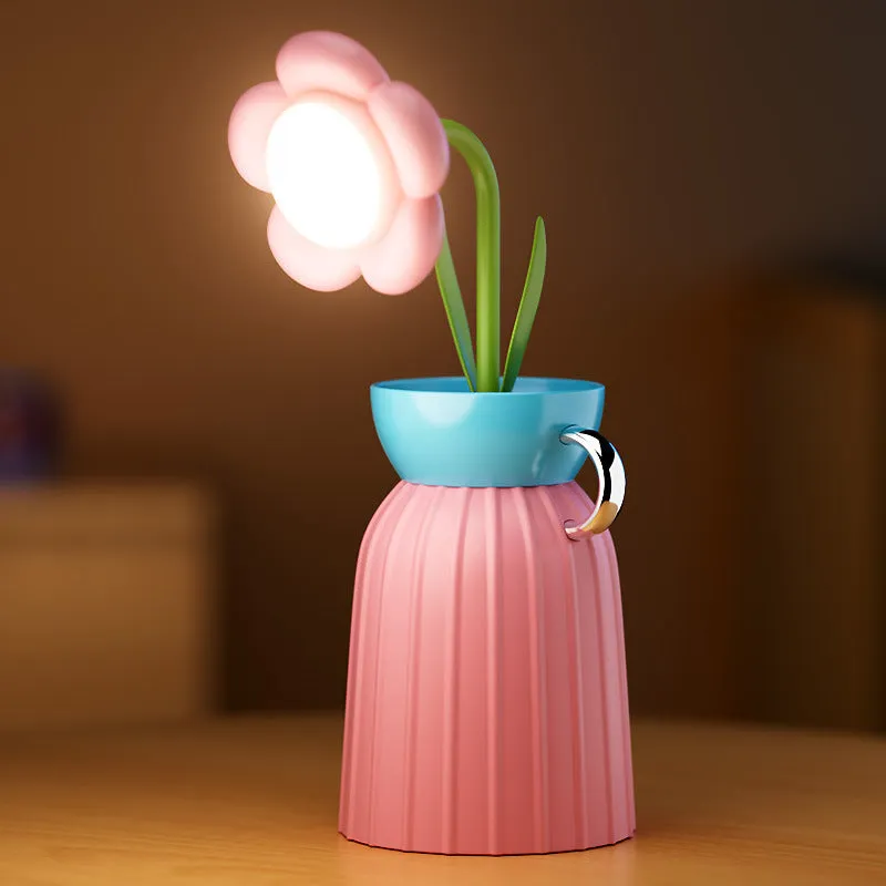 Pink rose flower USB LED lamp with vase, 30cm tall, emitting warm white light