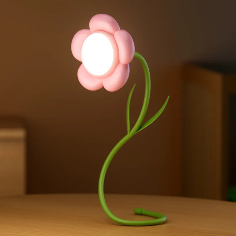 Pink rose flower USB LED lamp with vase, 30cm tall, emitting warm white light