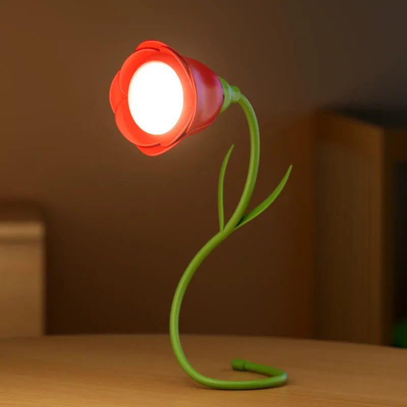 Pink rose flower USB LED lamp with vase, 30cm tall, emitting warm white light