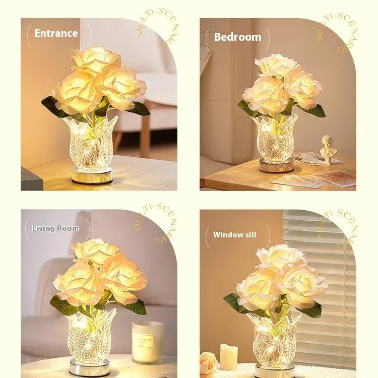 White crystal flowers design USB rechargeable touch dimming table lamp on wooden surface