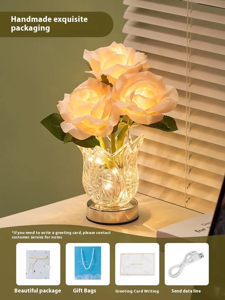 White crystal flowers design USB rechargeable touch dimming table lamp on wooden surface