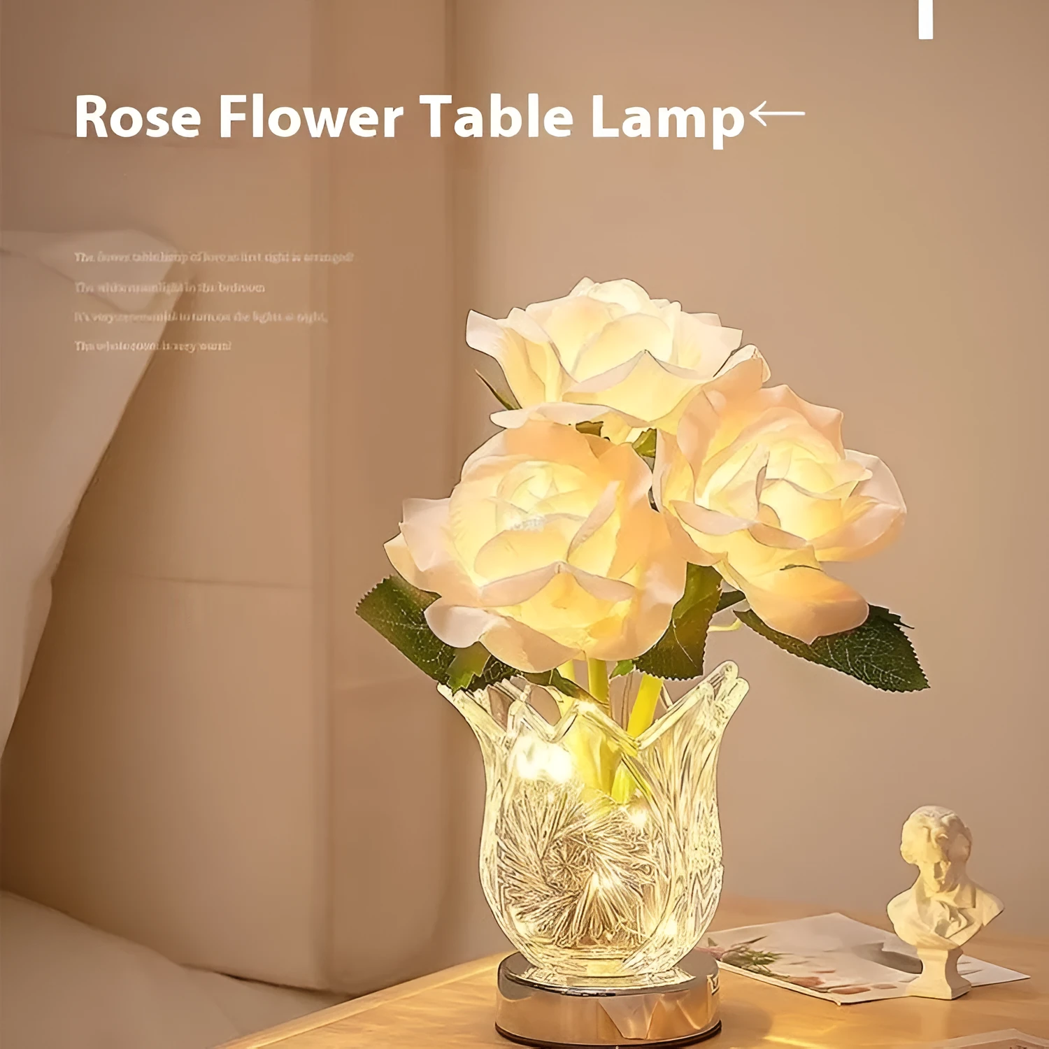 White crystal flowers design USB rechargeable touch dimming table lamp on wooden surface