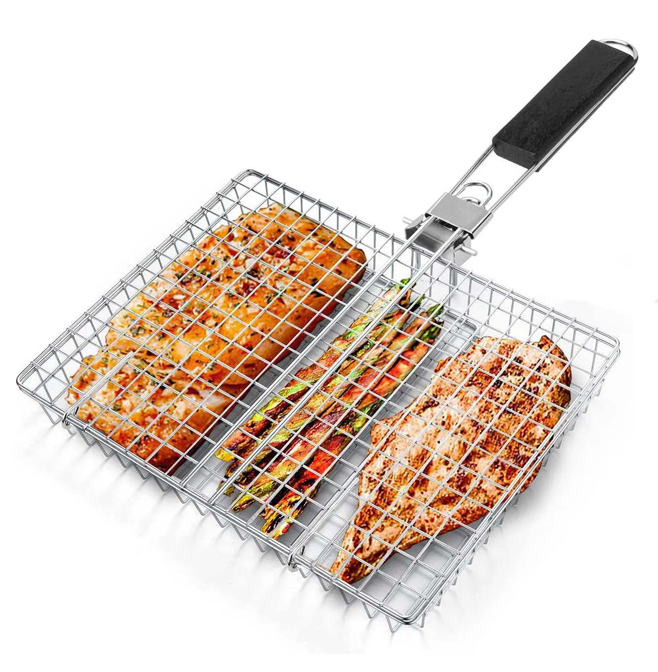 Folding handle BBQ clamp for roast chicken outdoor grill square metal barbecue net