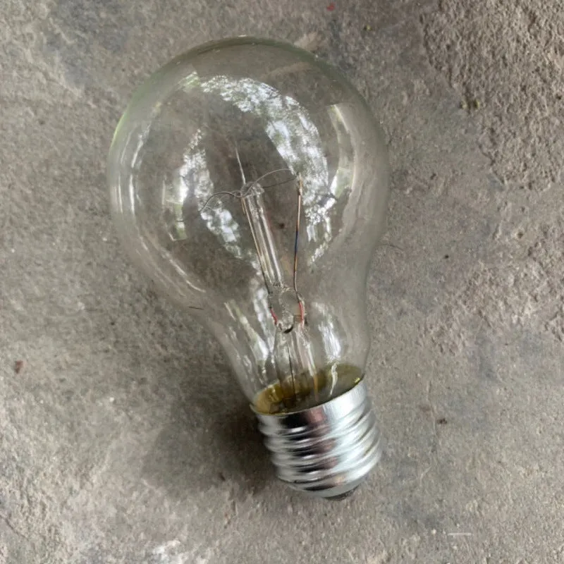 Tungsten incandescent household bulb with E27 screw base, clear glass, and visible filament