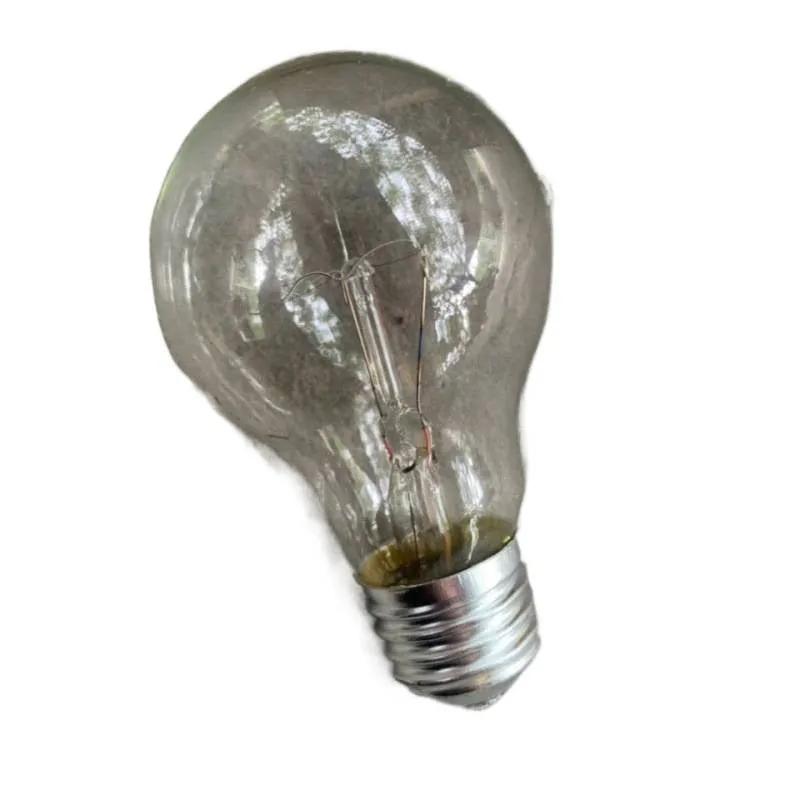 Tungsten incandescent household bulb with E27 screw base, clear glass, and visible filament