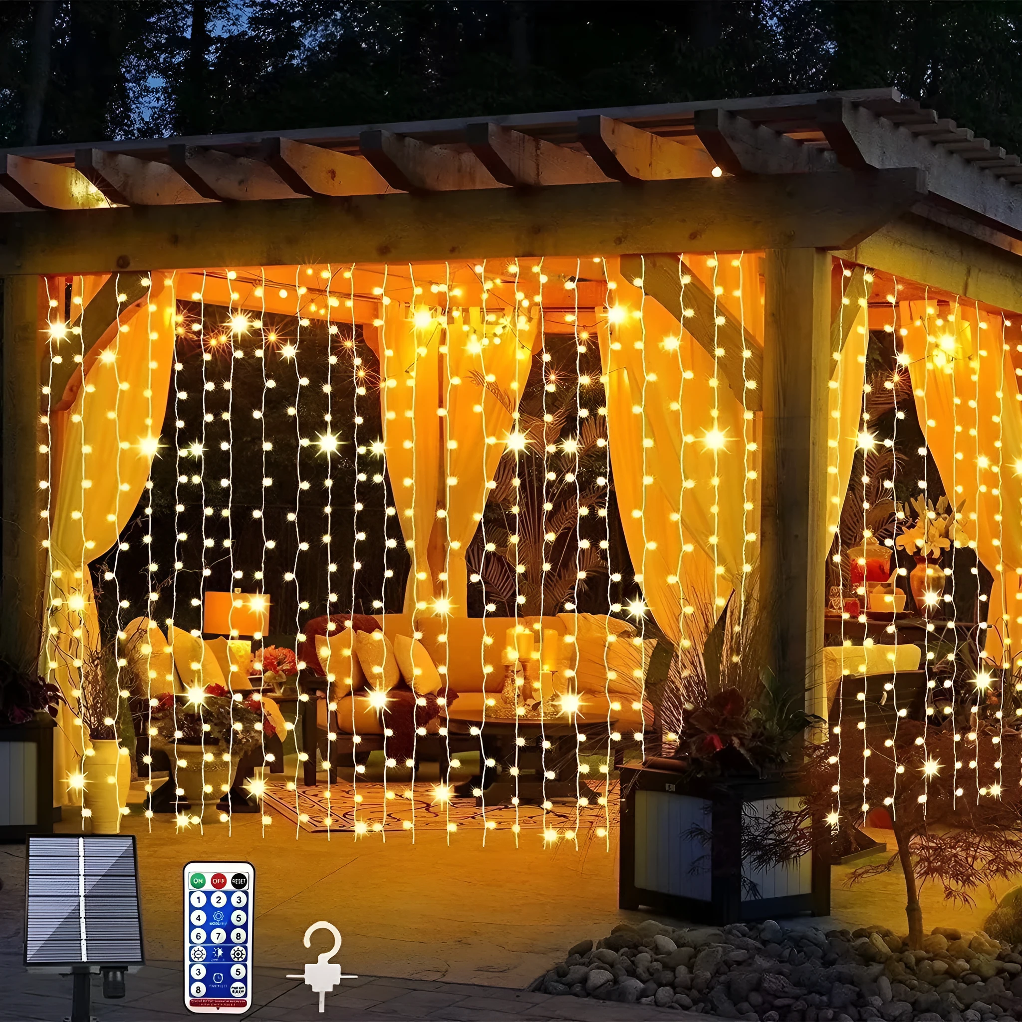 Mains-powered outdoor curtain lighting chain with 300 warm colour lights on copper wire, flower-shaped, for Christmas decoration