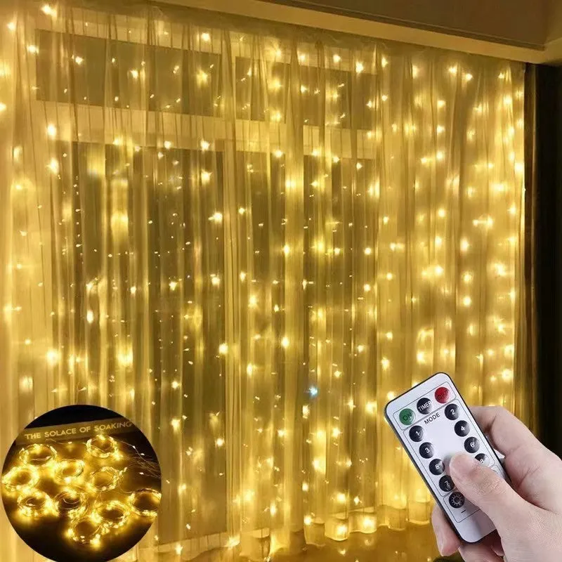 Mains-powered outdoor curtain lighting chain with 300 warm colour lights on copper wire, flower-shaped, for Christmas decoration