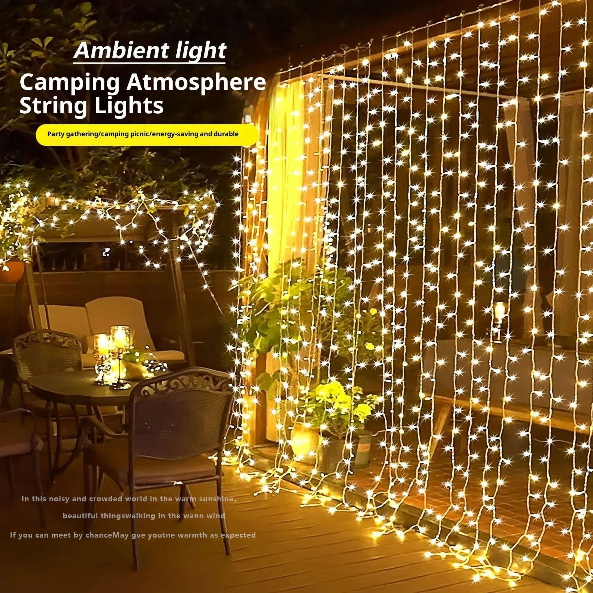 Mains-powered outdoor curtain lighting chain with 300 warm colour lights on copper wire, flower-shaped, for Christmas decoration