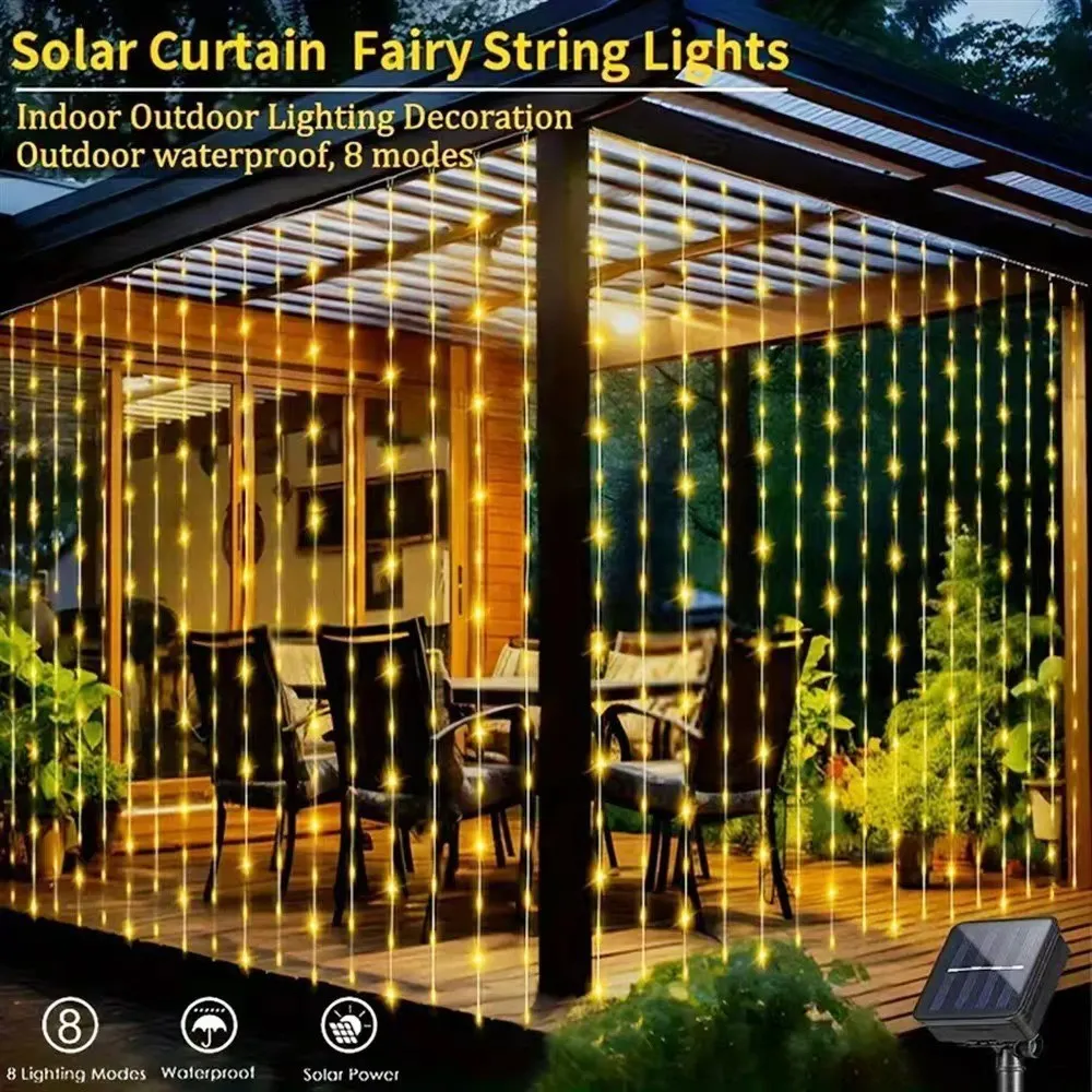 Mains-powered outdoor curtain lighting chain with 300 warm colour lights on copper wire, flower-shaped, for Christmas decoration