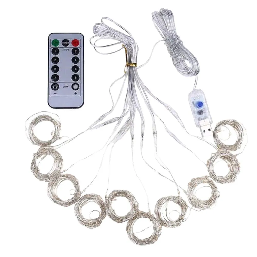 Mains-powered outdoor curtain lighting chain with 300 warm colour lights on copper wire, flower-shaped, for Christmas decoration