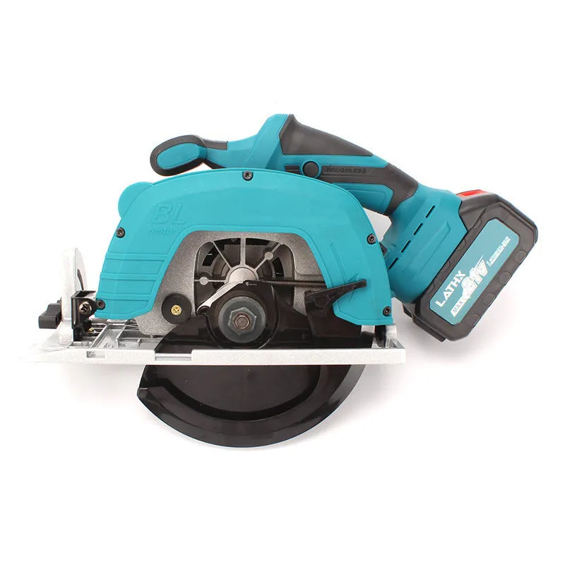 Lithium battery 7-inch cordless circular saw for wood cutting with two batteries and charger on a workbench