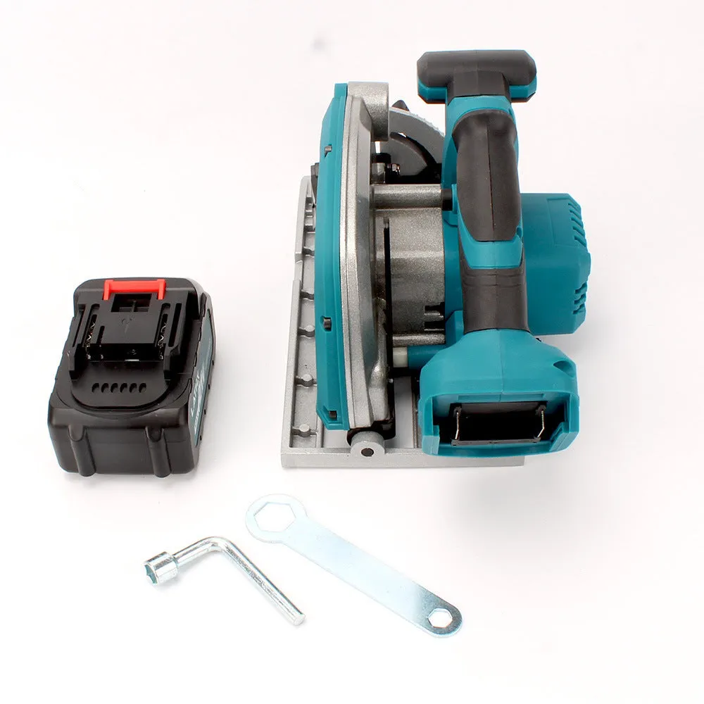 Lithium battery 7-inch cordless circular saw for wood cutting with two batteries and charger on a workbench
