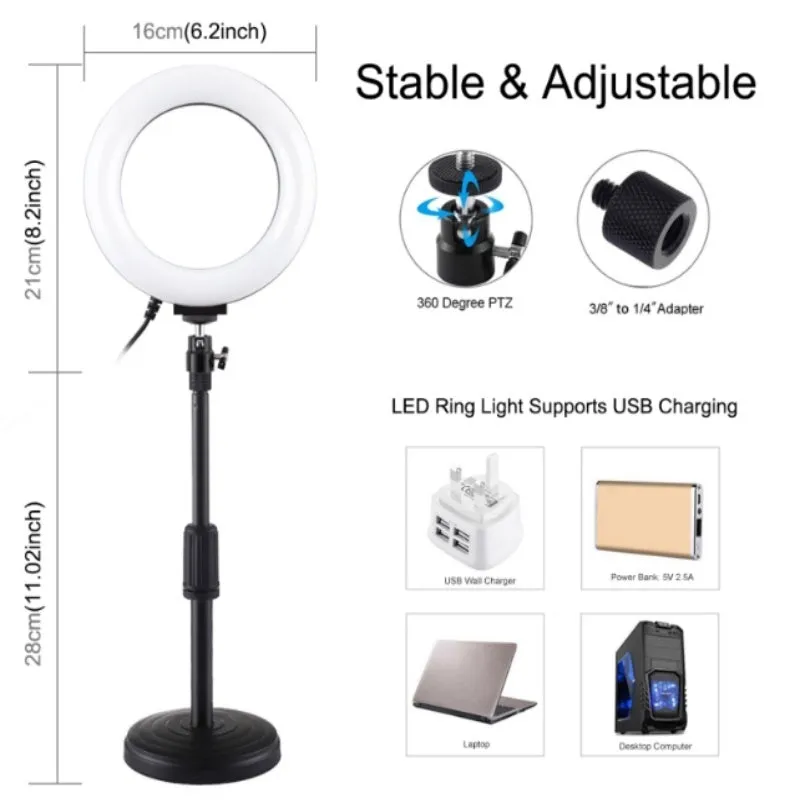Black dual mobile phone desktop fill light ring beauty selfie bracket with professional flash 16cm