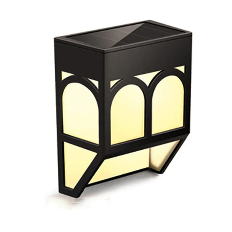 Square white solar wall lamp mounted on outdoor fence with LED illumination