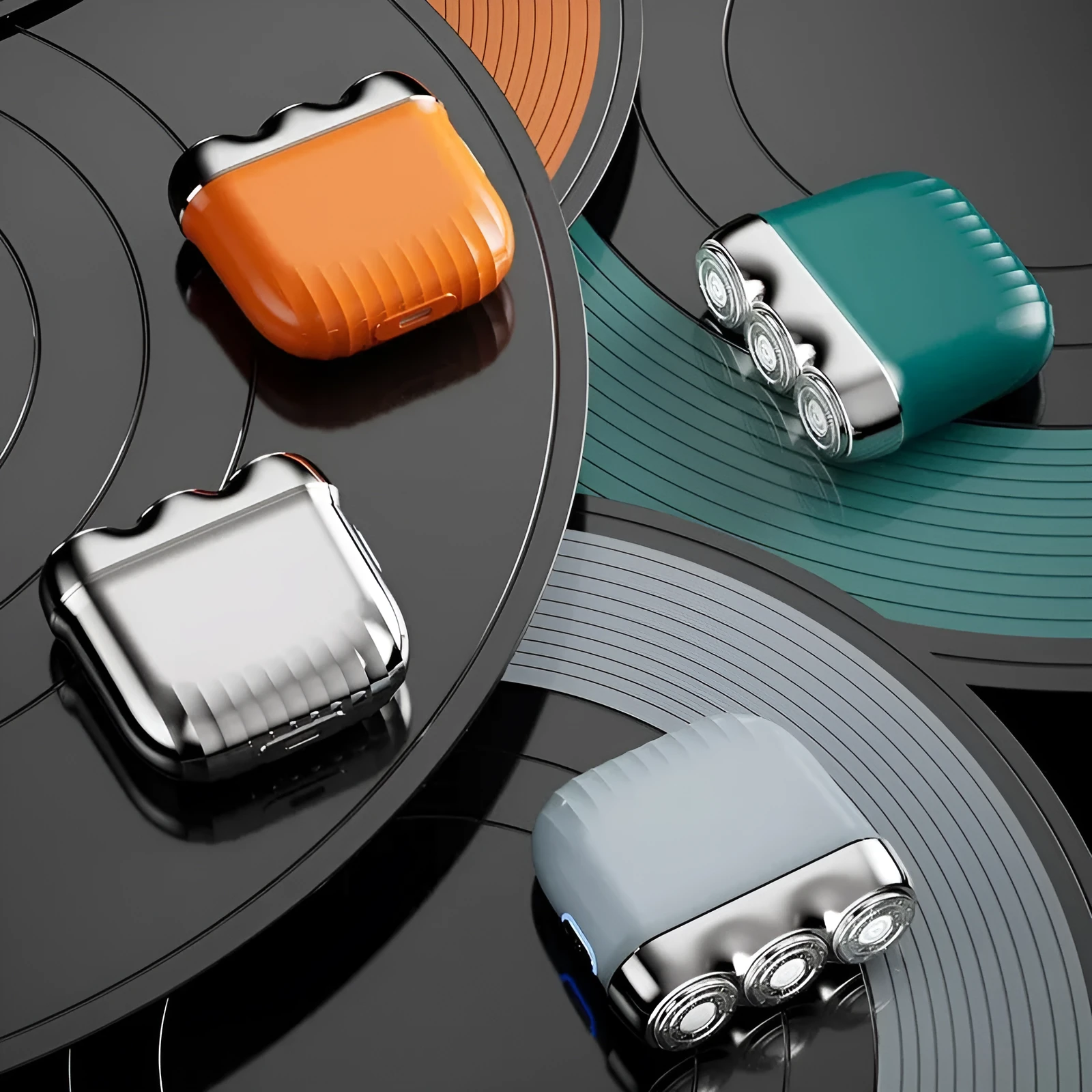 Mini three-head magnetic electric shaver showing floating cutter design and colour options