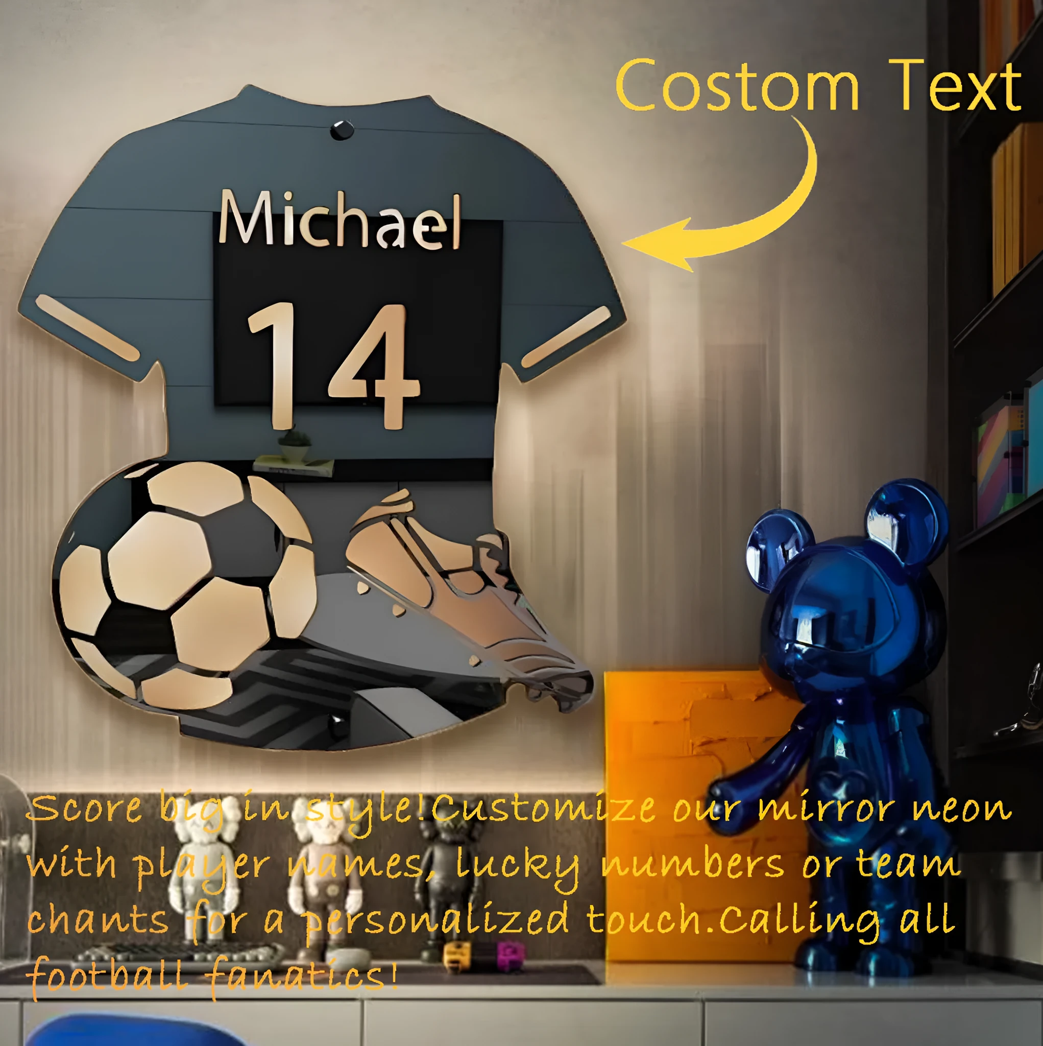 Football Jersey Luminous Mirror LED Illuminated Mirror Light Personalised 12 Colour Remote Control Acrylic Frame Night Light Small 30x35cm Large 37x42cm Extra Large 55x48cm for Bedroom Decor Gift